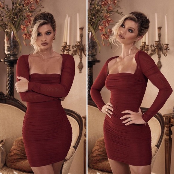 House Of CB Valentina Ruched Mini Dress In Burgundy Size Small - Picture 1 of 10